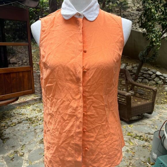 MASSIMO DUTTI SILK BUTTON DOWN SLEEVELESS SHIRT TANGERINE ORANGE WHITE COLLAR M - Picture 7 of 11